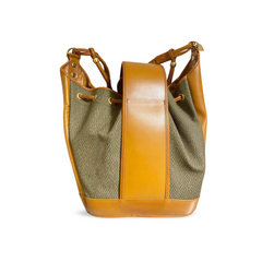 Vintage Yves Saint Laurent hobo bucket shoulder bag with camel brown leather trimmings and golden logo plate. YSL classic purse. 060823ac