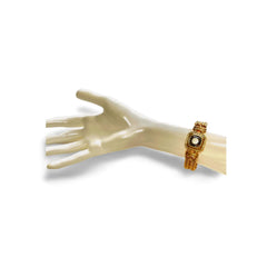 Vintage Lanvin double golden chain bracelet with gunmetallic glass stone. Made in Germany. 060326ac