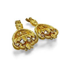 Vintage Sonia Rykiel golden dangle earrings with emblem design and logo. Rhinestone crystals. 050923ya