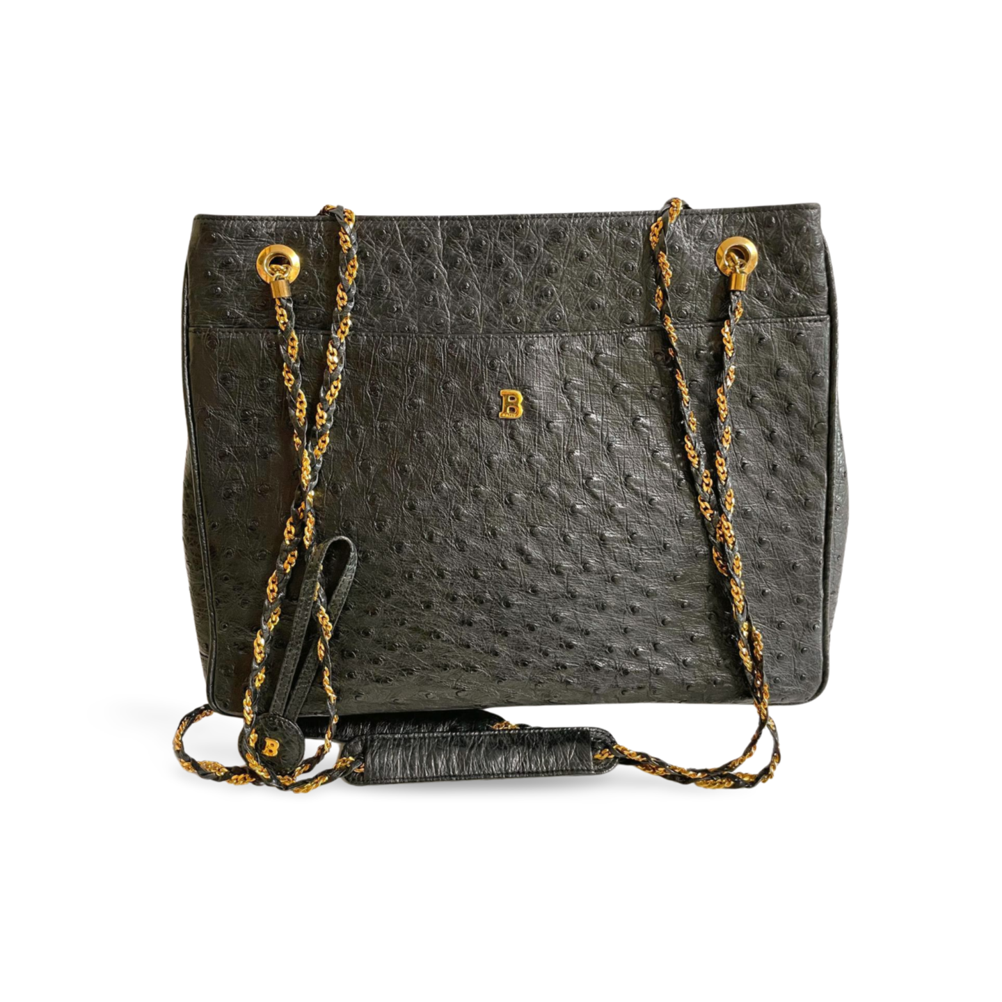 80's vintage BALLY, genuine black ostrich leather chain shoulder bag with golden logo. Classic purse made in West Germany. 051003ya1