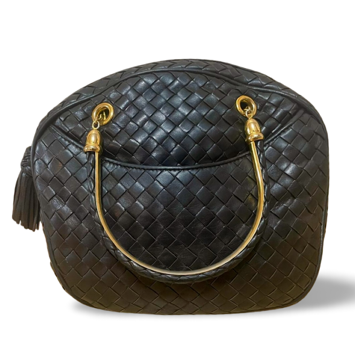 Vintage Bottega Veneta black intrecciato woven leather handbag with metal combo handles and a tassel. Rare masterpiece. 070822y1