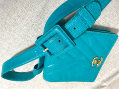 Vintage CHANEL turquoise blue caviar v stitch, chevron, waist bag, hip bag, fanny pack with matching belt with golden cc mark closure. 070225ac3