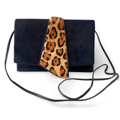 Vintage Bally black suede leather shoulder bag with leopard printed fur trimmings. Can be clutch purse. 070218ys9
