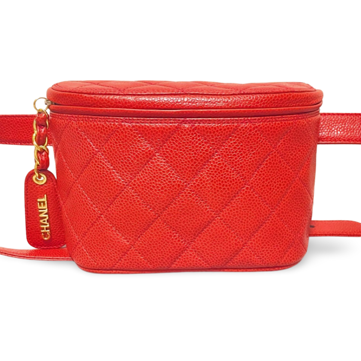 Vintage CHANEL red caviar leather waist bag, fanny pack purse with a matching leather belt and logo charm pull. 26” thru 28”. 070819ac2