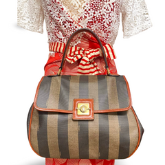 Vintage FENDI pecan stripe large handbag, purse with brown leather trimming and gold tone closure, Fendi classic bag. 070819ac1