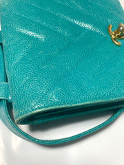 Vintage CHANEL turquoise blue caviar v stitch, chevron, waist bag, hip bag, fanny pack with matching belt with golden cc mark closure. 070225ac3