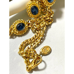 Vintage Celine gold chain long necklace with triomphe charms and blue stones. Can be bracelet. Beautiful statement jewelry. 050817ys1