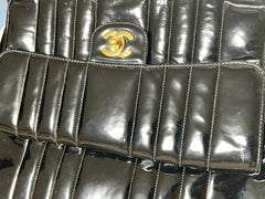 Vintage CHANEL 2.55 combo design black patent enamel chain shoulder bag with vertical stiches and golden CC closure hock. 050815ac2