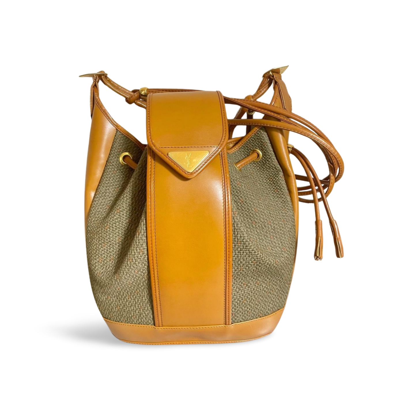 Vintage Yves Saint Laurent hobo bucket shoulder bag with camel brown leather trimmings and golden logo plate. YSL classic purse. 060823ac