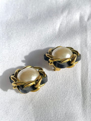 Vintage CHANEL earrings with chain and black leather frame. Perfect Chanel jewelry. 041205bs5