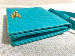Vintage CHANEL turquoise blue caviar v stitch, chevron, waist bag, hip bag, fanny pack with matching belt with golden cc mark closure. 070225ac3