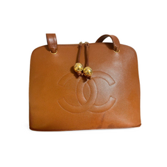 Vintage CHANEL caviar leather double zipper tote bag in brown with golden CC ball charms. Daily use purse. 060728br1