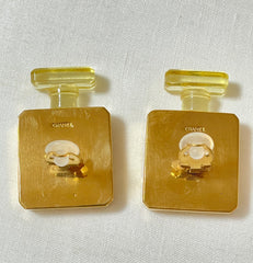 Vintage Chanel golden perfume bottle earrings with embossed logo. Large and heavy earrings. 070114ac2