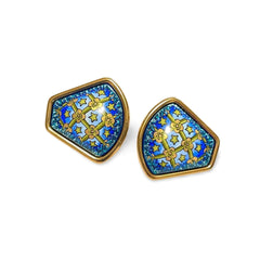 Vintage Hermes cloisonne enamel golden earrings with star and flower design on blue. Fan shape. 06402ac2