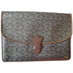 Vintage CELINE brown beige classic C logo and carriage pattern clutch bag, mini document case with leather trimmings. 050320r15