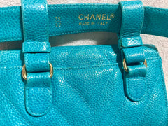 Vintage CHANEL turquoise blue caviar v stitch, chevron, waist bag, hip bag, fanny pack with matching belt with golden cc mark closure. 070225ac3