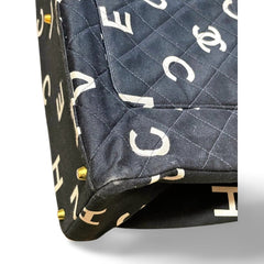 Vintage CHANEL black fabric canvas large tote bag with white Chanel CC logo print all over. Daily use bag. 060123ac13