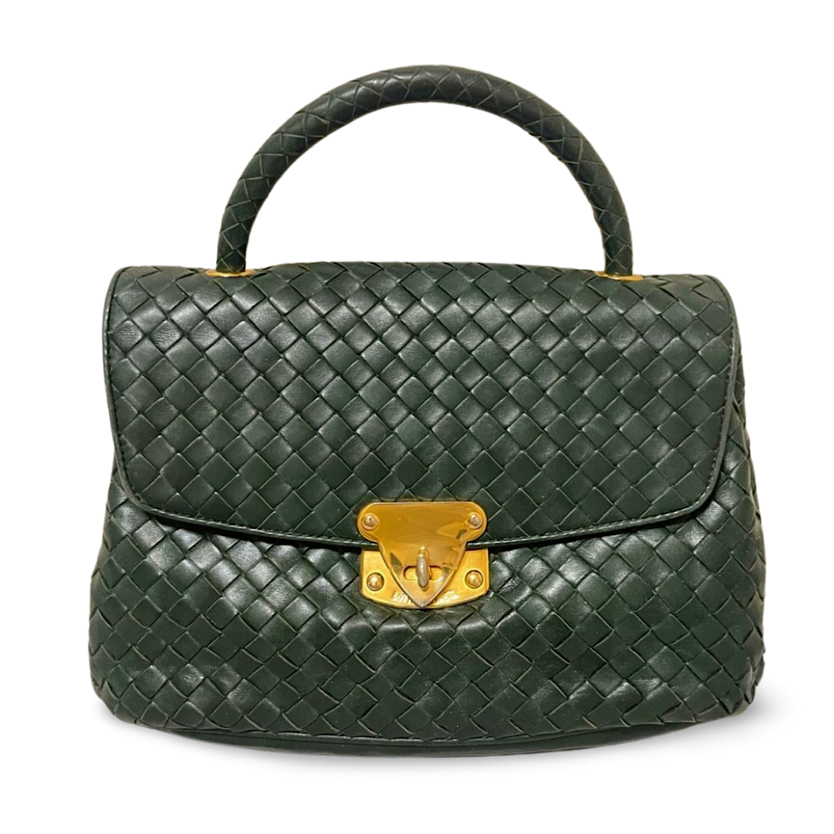 Vintage Bottega Veneta dark green intrecciato woven leather handbag. Rare masterpiece. 070324ac