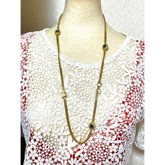 Vintage Celine gold chain long necklace with triomphe charms and blue stones. Can be bracelet. Beautiful statement jewelry. 050817ys1