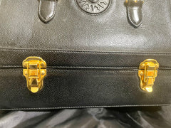Vintage Gianni Versace black caviar type leather birkin doctor's bag, handbag with jewelry case and golden sun burst motifs. 070325ys
