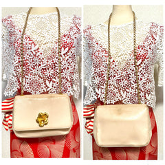 Vintage CHANEL pale pink beige lambskin chain shoulder bag with golden camellia flower motif on flap. Hard-to-find, Rare purse. 060903ac1