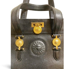 Vintage Gianni Versace black caviar type leather birkin doctor's bag, handbag with jewelry case and golden sun burst motifs. 070325ys
