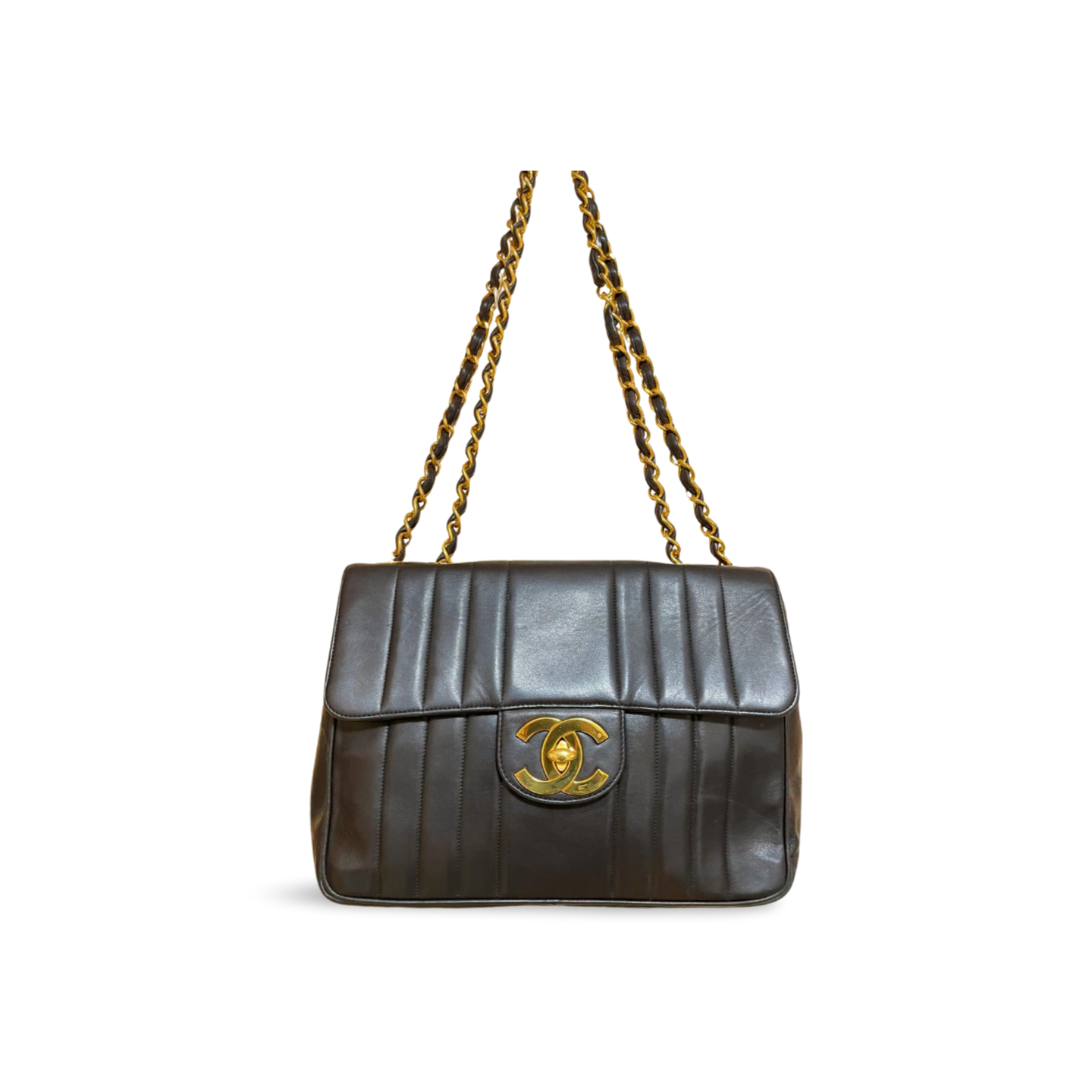 Vintage CHANEL black lambskin 2.55 classic jumbo, large chain, large shoulder bag with golden CC. Vertical stitch. 051128ac4