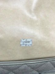 Vintage CHANEL taupe grey canvas and lambskin shoulder tote bag with gold tone chain straps and a CC ball charm. 070125ap1