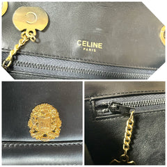 Vintage CELINE black leather shoulder bag with golden triomphe logo motif. Rare Celine purse. 060723ac4