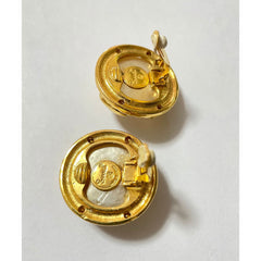 Reserved. Vintage CHANEL gold tone round earrings with faux pearl and 3D CC motif. Classic Chanel vintage jewelry piece. 051002ya1