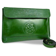 Vintage FENDI green leather shoulder bag, large clutch purse with logo and Jenus motif at front. 070908y1
