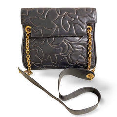 Vintage BALLY black leather shoulder bag with white leaf stitches and chain strap. 060310ya1
