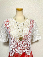 Vintage Yves Saint Laurent golden chain long statement necklace with arabesque heart and crystal pendant top. 050803y3