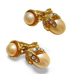 Vintage Yves Saint Laurent golden dangling earrings with crystals and teardrop white faux pearls. Rare YSL jewelry. 060604ac1