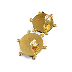 Vintage CHANEL large round earrings with black and golden CC mark. Sun design. 050630ac