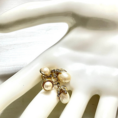 Vintage Yves Saint Laurent golden dangling earrings with crystals and teardrop white faux pearls. Rare YSL jewelry. 060604ac1