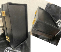 Vintage Gianni Versace black caviar type leather birkin doctor's bag, handbag with jewelry case and golden sun burst motifs. 070325ys
