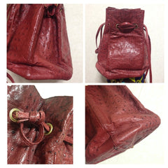 Vintage BALLY genuine ostrich wine red hexagonal pyramid patchwork hobo bucket shoulder bag. 150301