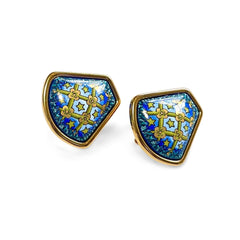 Vintage Hermes cloisonne enamel golden earrings with star and flower design on blue. Fan shape. 06402ac2