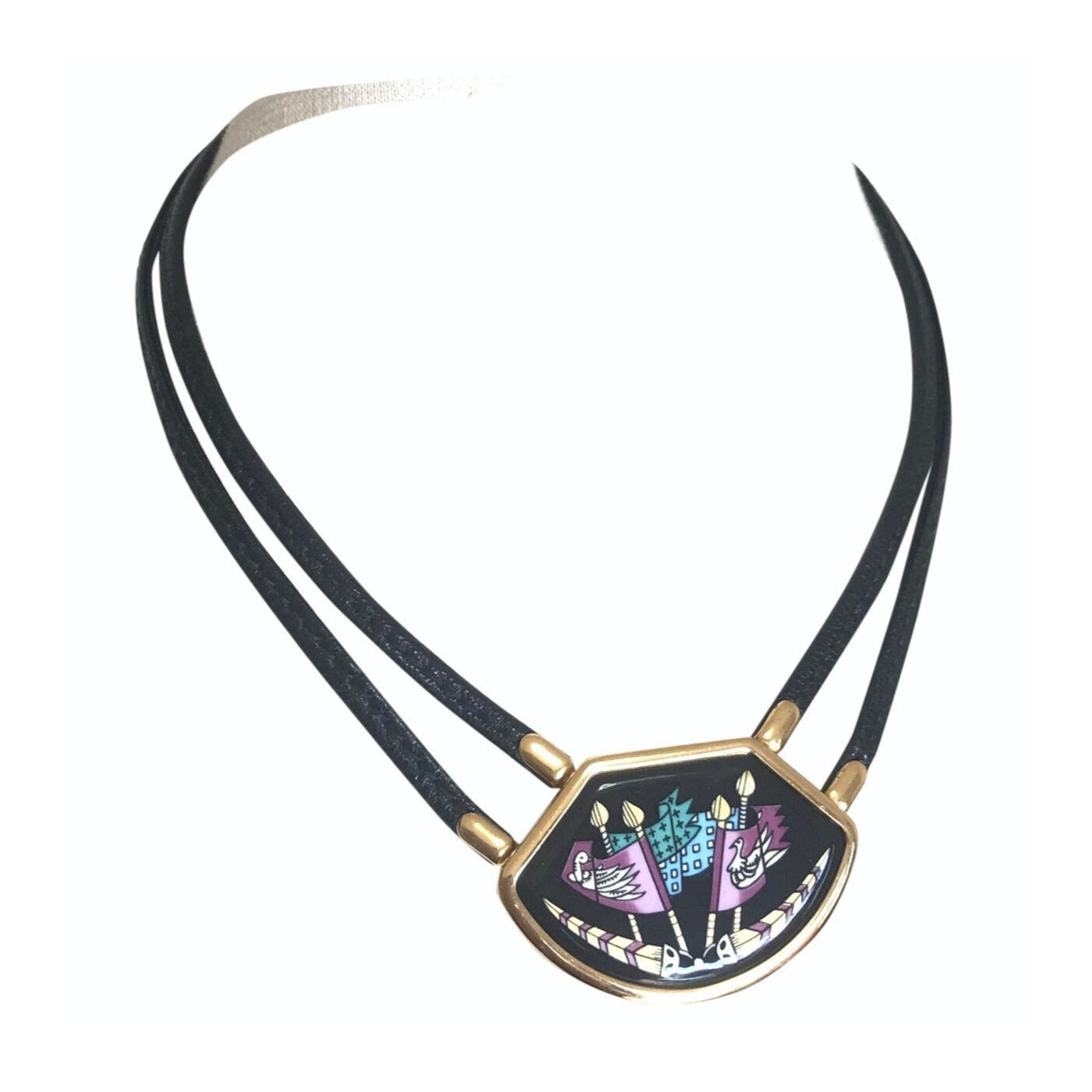 Vintage Hermes black necklace with bird and flag printed enamel pendant top. Ceramic jewelry piece. 060531r2
