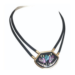 Vintage Hermes black necklace with bird and flag printed enamel pendant top. Ceramic jewelry piece. 060531r2