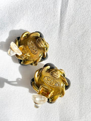 Vintage CHANEL earrings with chain and black leather frame. Perfect Chanel jewelry. 041205bs5