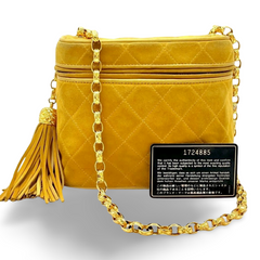 Vintage CHANEL yellow suede leather chain shoulder bag with CC tassel in lunchbox shape. 060910ac1