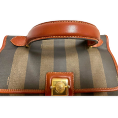 Vintage FENDI pecan stripe large handbag, purse with brown leather trimming and gold tone closure, Fendi classic bag. 070819ac1