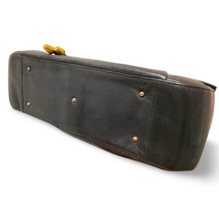 Vintage Bally black leather retro pop design bag, business purse with gold tone drawstrings and unique flap cut design. Unisex use. 160315