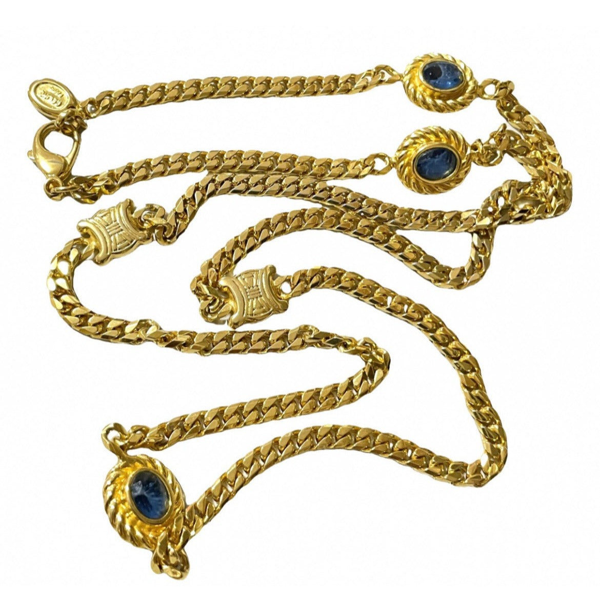 Vintage Celine gold chain long necklace with triomphe charms and blue stones. Can be bracelet. Beautiful statement jewelry. 050817ys1