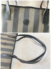Vintage FENDI classic pecan stripe pattern large shopper tote bag with black leather handles. Daily use purse for Unisex. 070408re2