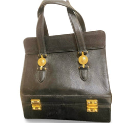 Vintage Gianni Versace black caviar type leather birkin doctor's bag, handbag with jewelry case and golden sun burst motifs. 070325ys