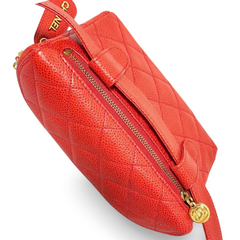 Vintage CHANEL red caviar leather waist bag, fanny pack purse with a matching leather belt and logo charm pull. 26” thru 28”. 070819ac2