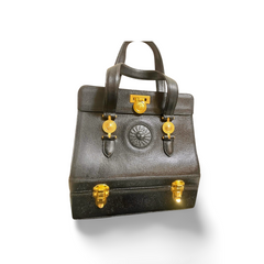 Vintage Gianni Versace black caviar type leather birkin doctor's bag, handbag with jewelry case and golden sun burst motifs. 070325ys